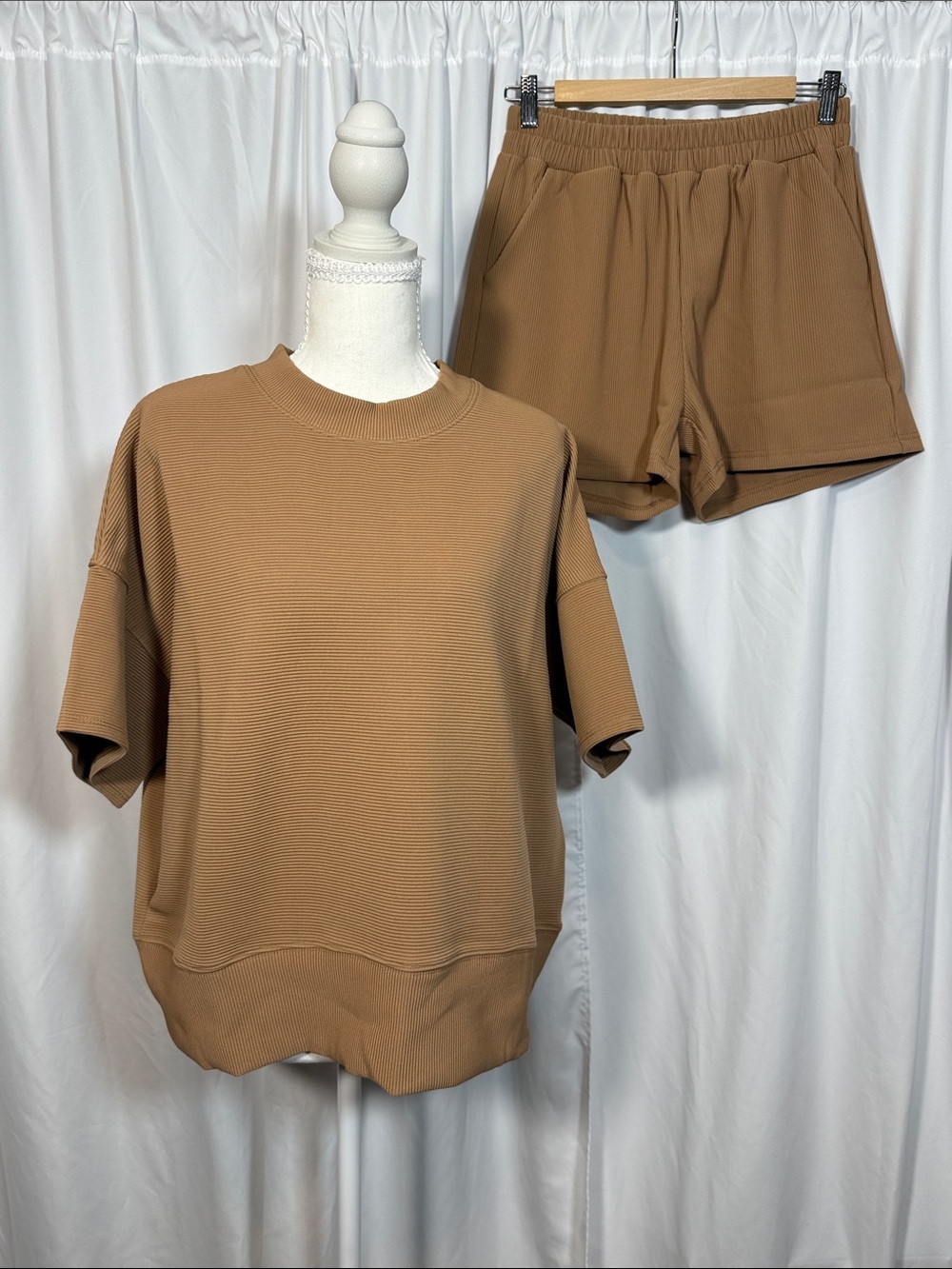 Zenana Camel Ribbed Set - Short Sleeve and Shorts